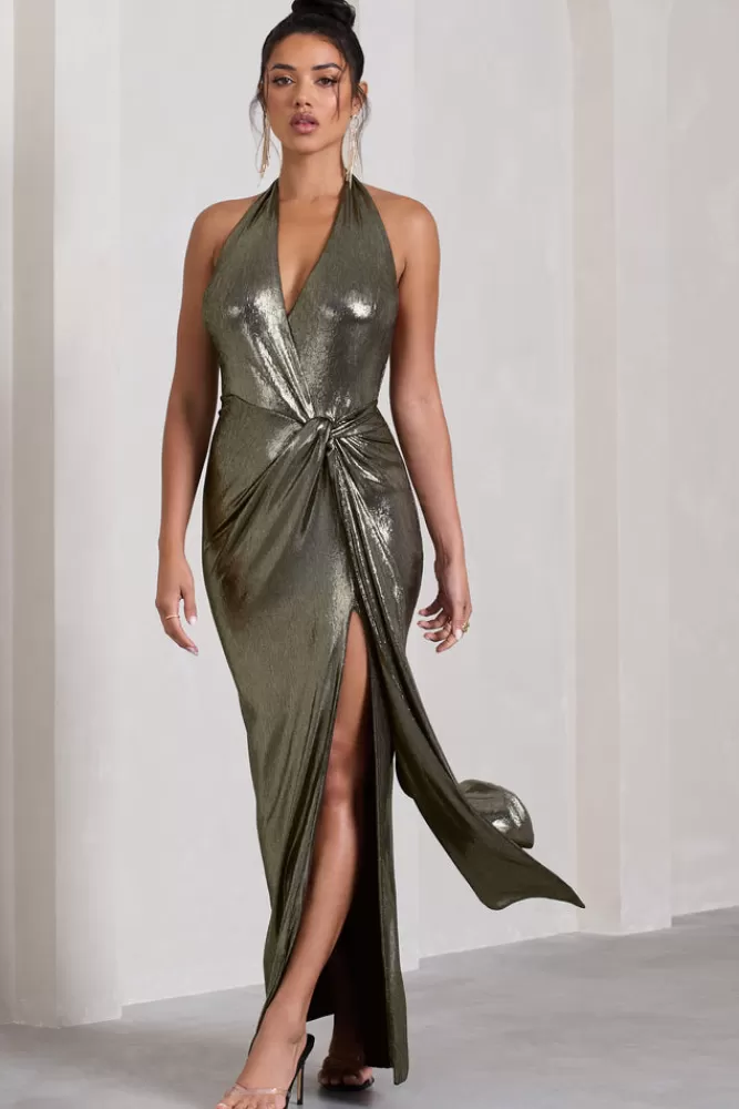 Club L London Tabloid Talk | Gold Metallic Plunge Halter-Neck Maxi Dress With Twisted Drape METALLICGOLD Sale