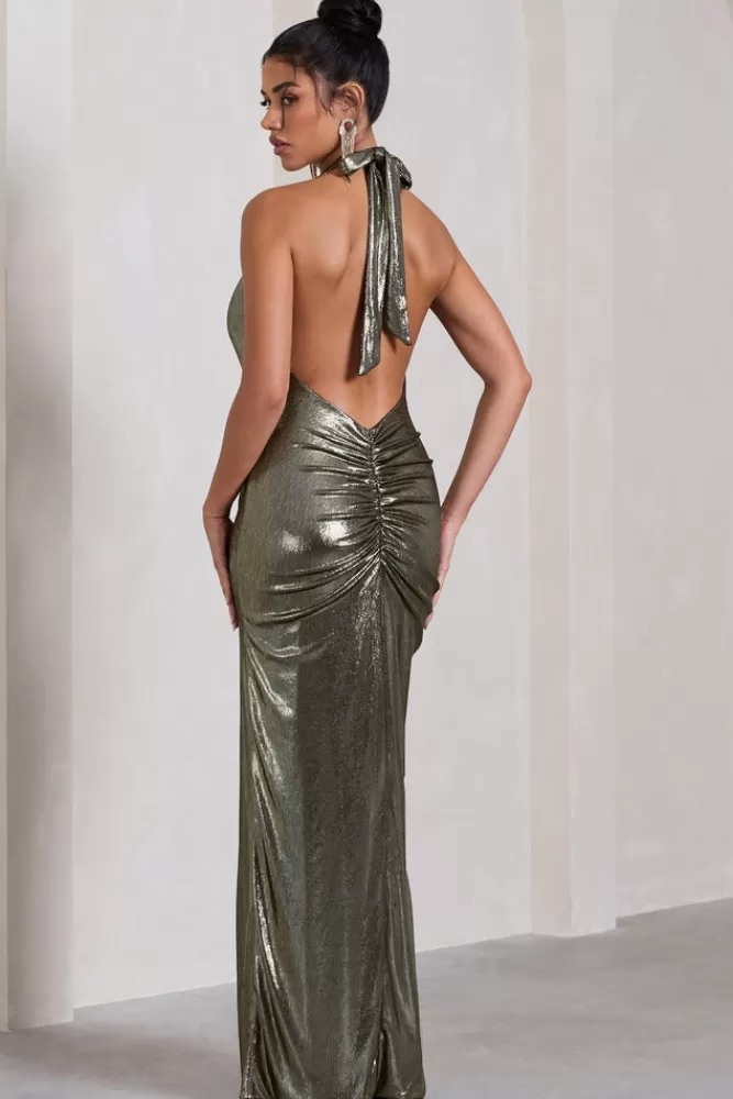 Club L London Tabloid Talk | Gold Metallic Plunge Halter-Neck Maxi Dress With Twisted Drape METALLICGOLD Sale