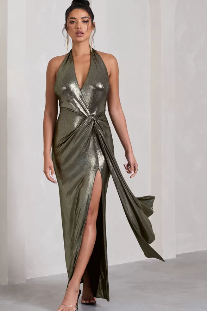 Club L London Tabloid Talk | Gold Metallic Plunge Halter-Neck Maxi Dress With Twisted Drape METALLICGOLD Sale