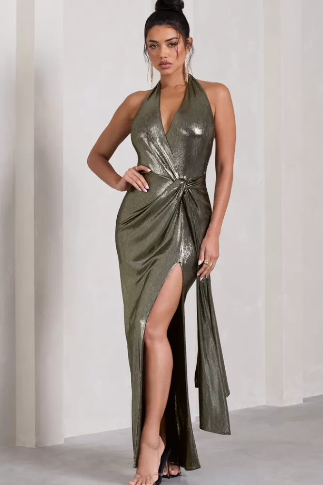 Club L London Tabloid Talk | Gold Metallic Plunge Halter-Neck Maxi Dress With Twisted Drape METALLICGOLD Sale