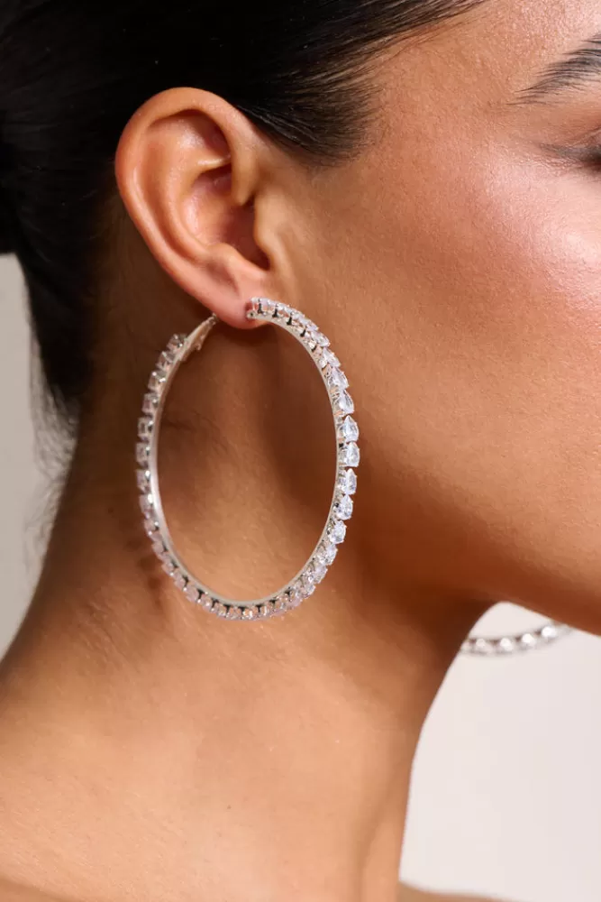 Club L London Taffy | Diamante Thin Hoop Earrings SILVER Sale