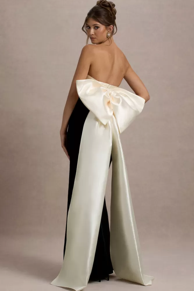 Club L London Take A Bow | Black u0026 Cream Velvet Strapless Maxi Dress With Oversized Bow BLACKANDCREAM Store