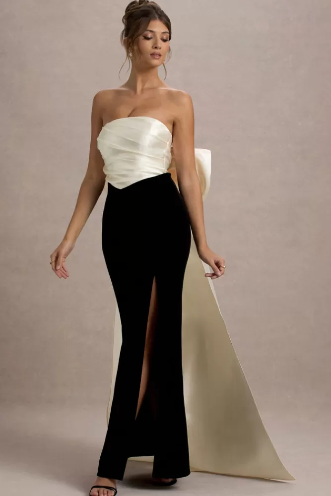 Club L London Take A Bow | Black u0026 Cream Velvet Strapless Maxi Dress With Oversized Bow BLACKANDCREAM Store
