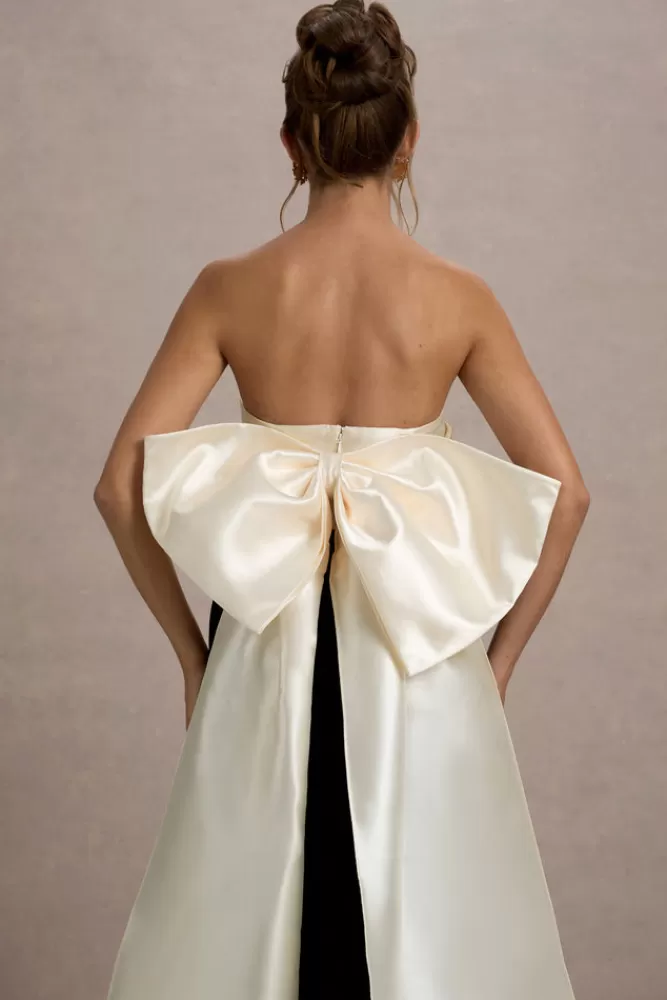 Club L London Take A Bow | Black u0026 Cream Velvet Strapless Maxi Dress With Oversized Bow BLACKANDCREAM Store