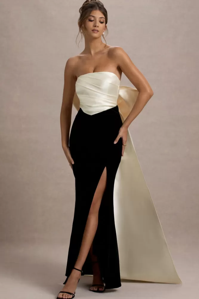 Club L London Take A Bow | Black u0026 Cream Velvet Strapless Maxi Dress With Oversized Bow BLACKANDCREAM Store