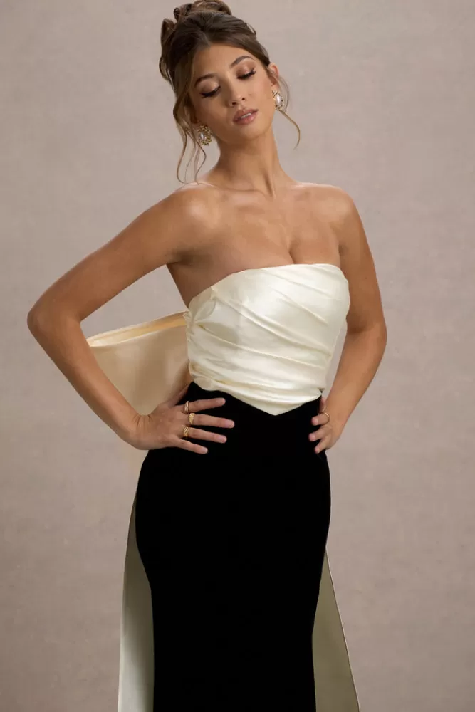 Club L London Take A Bow | Black u0026 Cream Velvet Strapless Maxi Dress With Oversized Bow BLACKANDCREAM Store