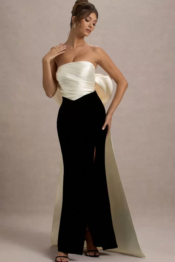 Club L London Take A Bow | Black u0026 Cream Velvet Strapless Maxi Dress With Oversized Bow BLACKANDCREAM Store