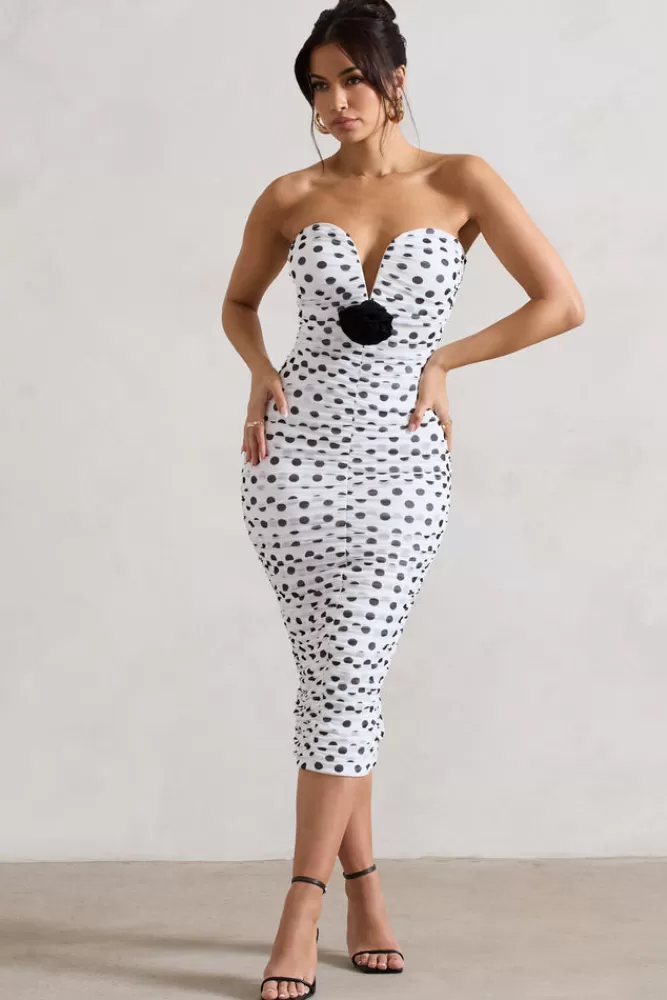 Club L London Taken | White Polka Dot Ruched Mesh Midi Dress With Corsage WHITEBASEPOLKADOT New