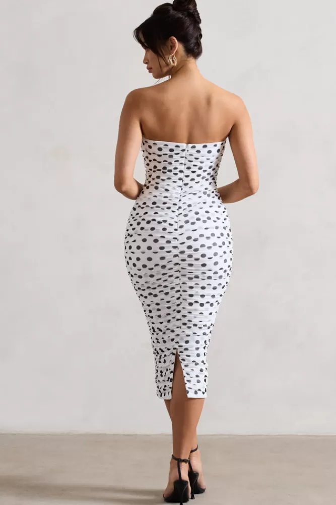 Club L London Taken | White Polka Dot Ruched Mesh Midi Dress With Corsage WHITEBASEPOLKADOT New