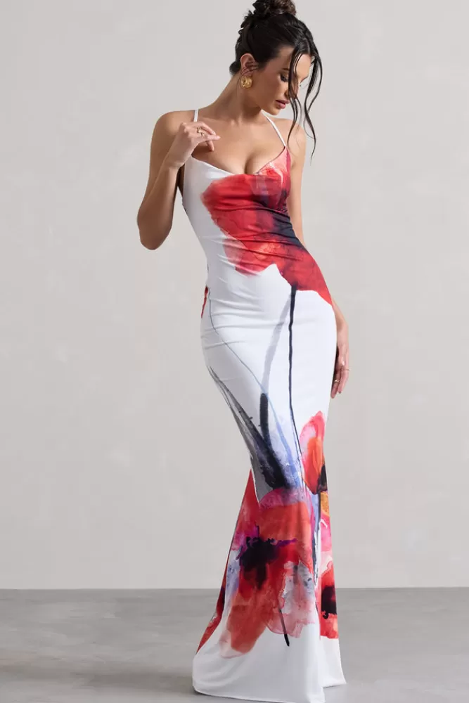 Club L London Tamia | White Poppy Print Cowl-Neck Maxi Dress FLORALPRINT Discount