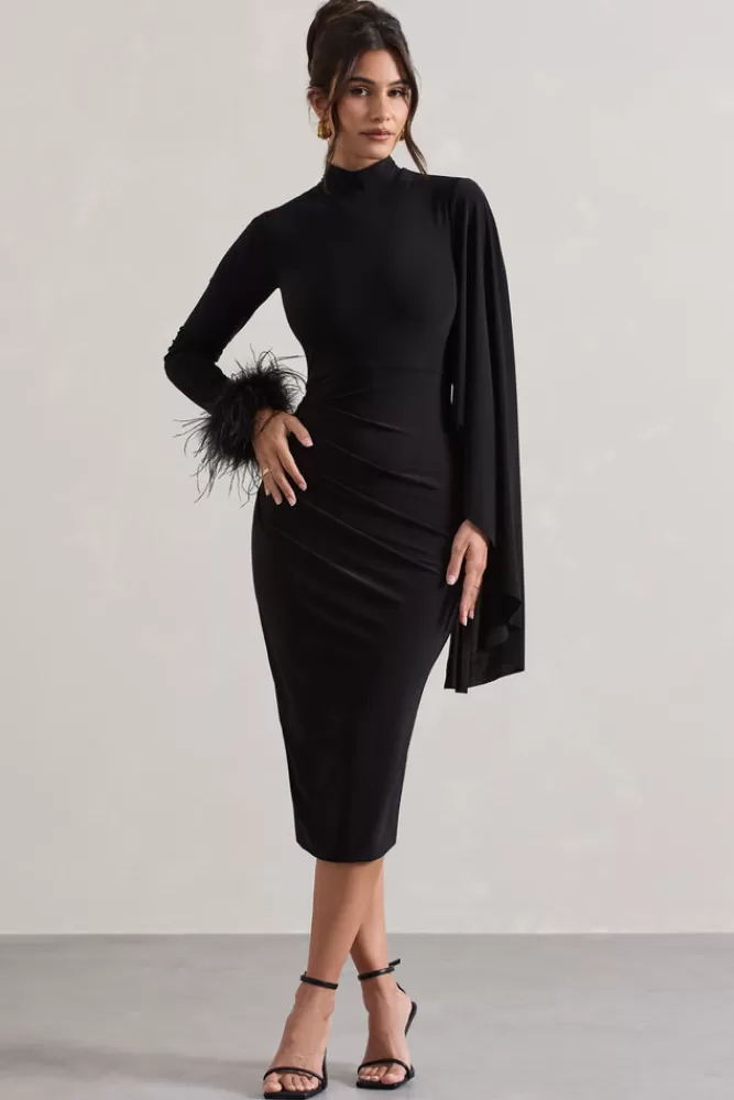 Club L London Tamika | High-Neck Cape-Sleeve Midi Dress With Feathers BLACK Store