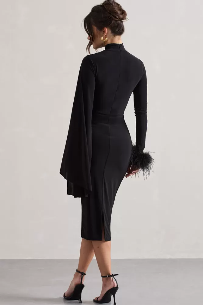 Club L London Tamika | High-Neck Cape-Sleeve Midi Dress With Feathers BLACK Store