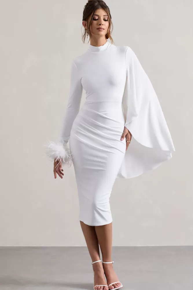 Club L London Tamika | High-Neck Cape-Sleeve Midi Dress With Feathers WHITE Shop