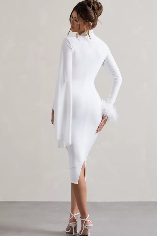 Club L London Tamika | High-Neck Cape-Sleeve Midi Dress With Feathers WHITE Shop