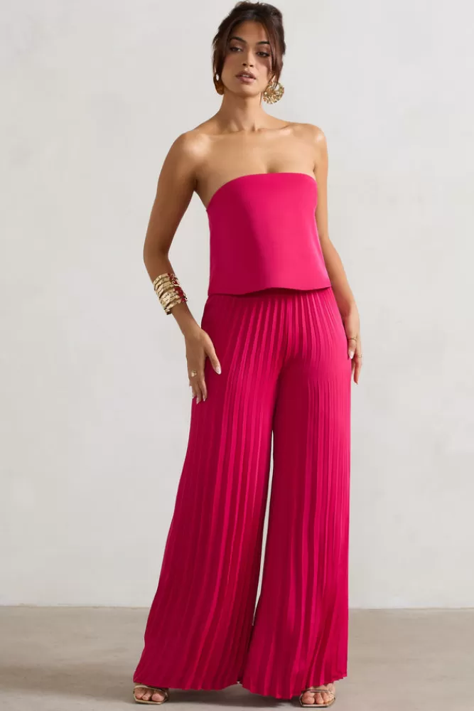 Club L London Tammi | Dark Pink Satin Strapless Plisse Wide-Leg Jumpsuit BOUDOIRRED Best Sale