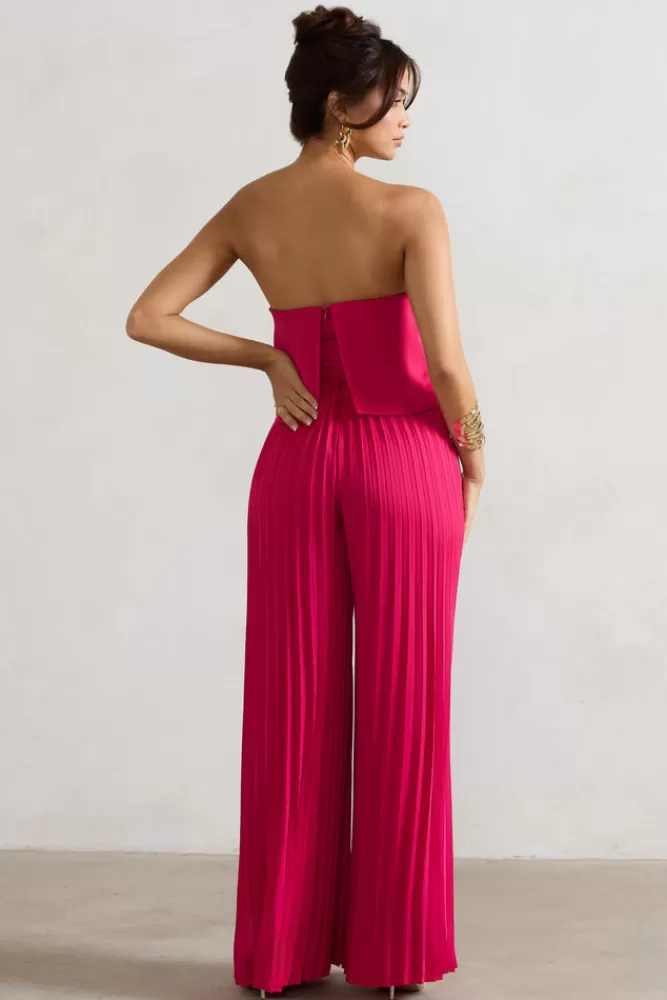 Club L London Tammi | Dark Pink Satin Strapless Plisse Wide-Leg Jumpsuit BOUDOIRRED Best Sale