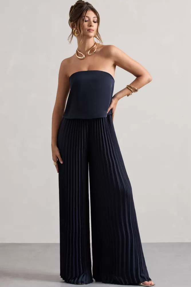 Club L London Tammi | Satin Strapless Plisse Wide-Leg Jumpsuit NAVY Discount