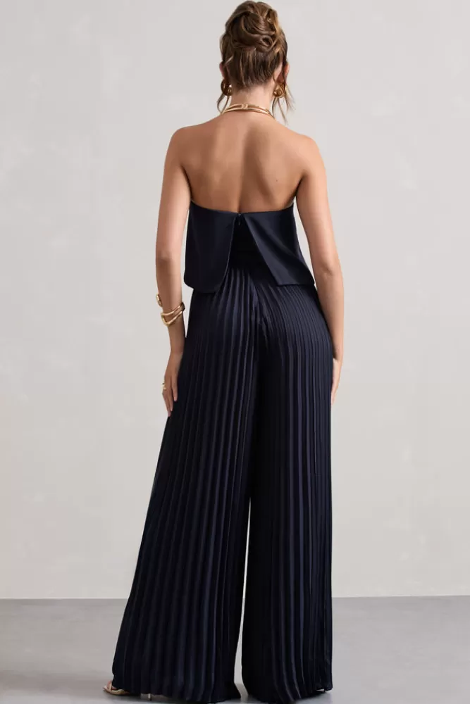 Club L London Tammi | Satin Strapless Plisse Wide-Leg Jumpsuit NAVY Discount