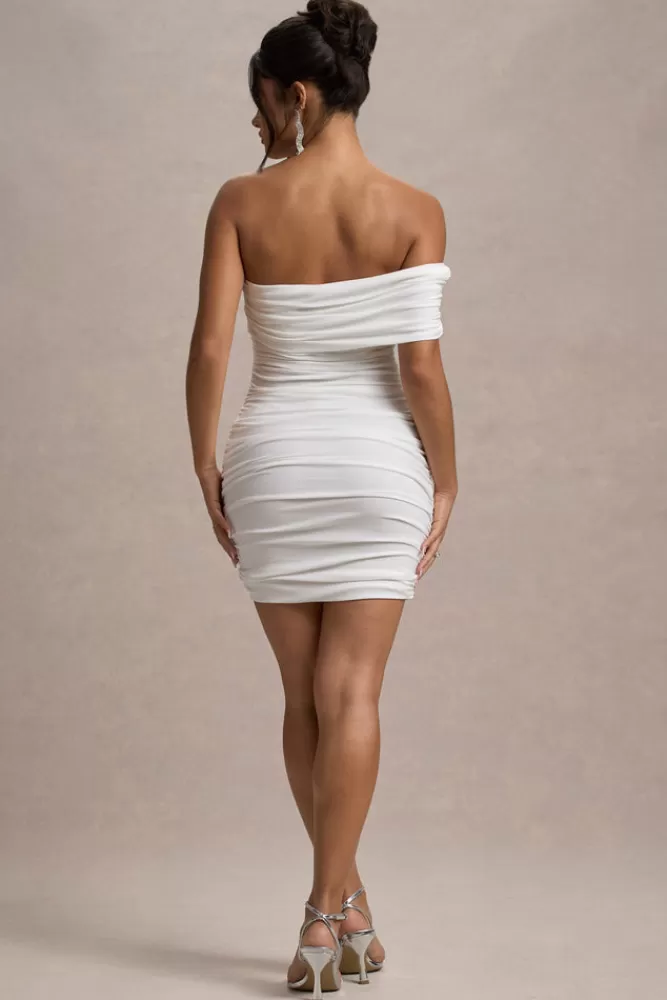 Club L London Tampa | Ruched Asymmetric Bardot Mini Dress WHITE Clearance