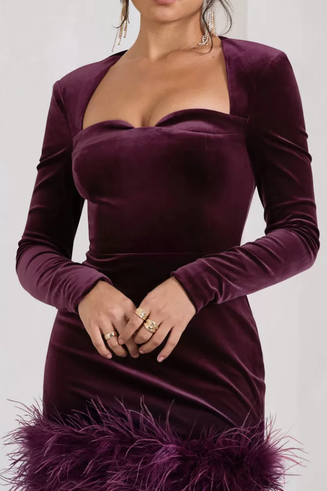 Club L London Tamsin | Velvet Long-Sleeved Feather Mini Dress PORT Store