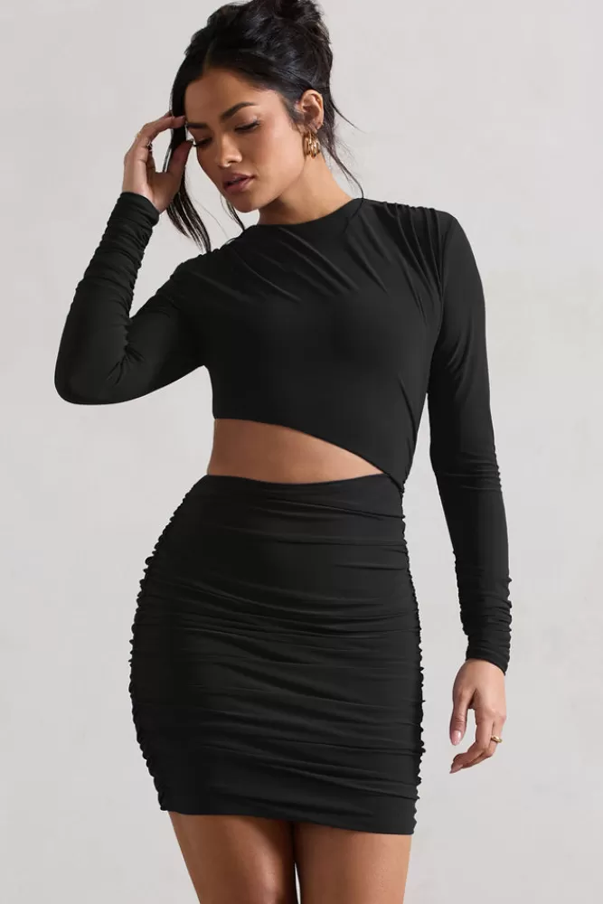 Club L London Tana | Ruched Bodycon Long Sleeve Cut-Out Mini Dress BLACK Store