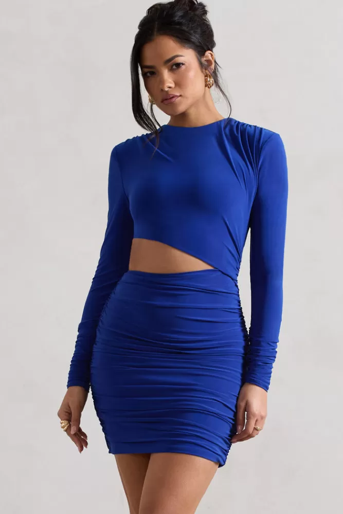 Club L London Tana | Royal Blue Ruched Bodycon Long Sleeve Cut-Out Mini Dress ROYALBLUE Cheap