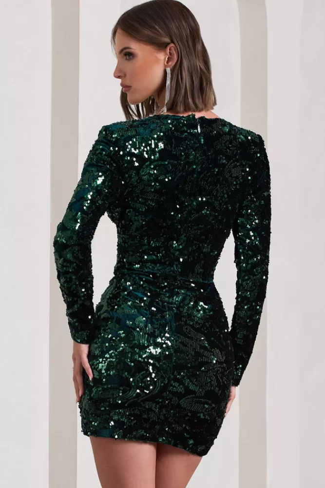 Club L London Tantalise | Bottle Green Sequin Plunge-Neck Long-Sleeve Mini Dress BOTTLEGREEN Best