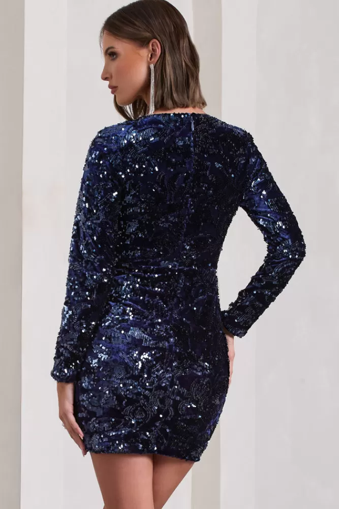 Club L London Tantalise | Sequin Plunge-Neck Long-Sleeve Mini Dress NAVY Cheap