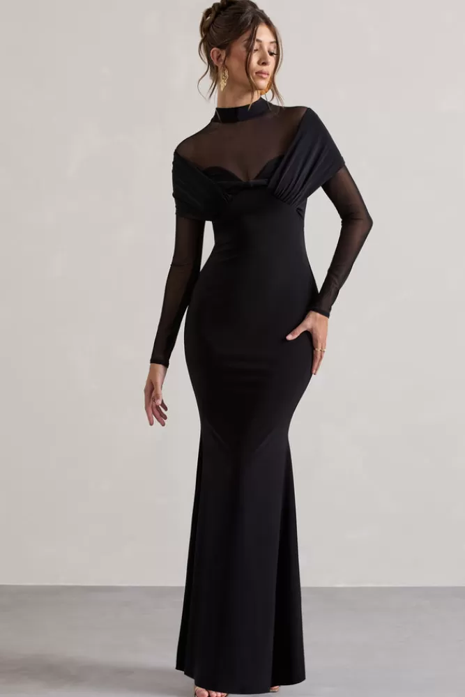 Club L London Tasha | Mesh High-Neck Long-Sleeve Maxi Dress BLACK Cheap