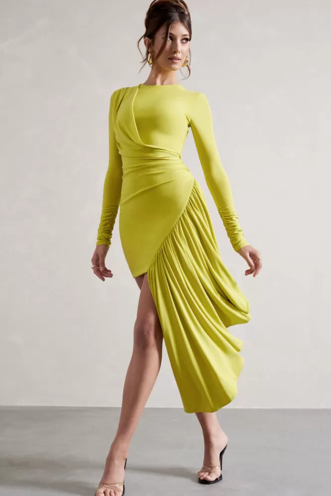 Club L London Tate | Lime Green Long-Sleeve Wrap Mini Dress With Drape ACIDLIME Sale