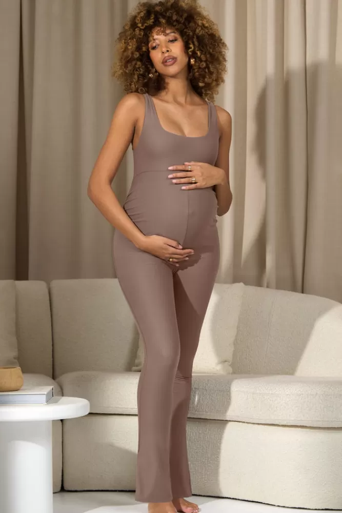 Club L London Teagan | Square-Neck Slim-Leg Maternity Jumpsuit MOCHA Cheap