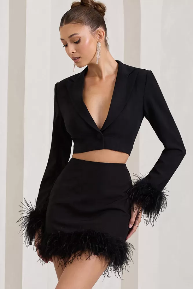 Club L London Tempting | Cropped Blazer With Feather Trim Black Discount