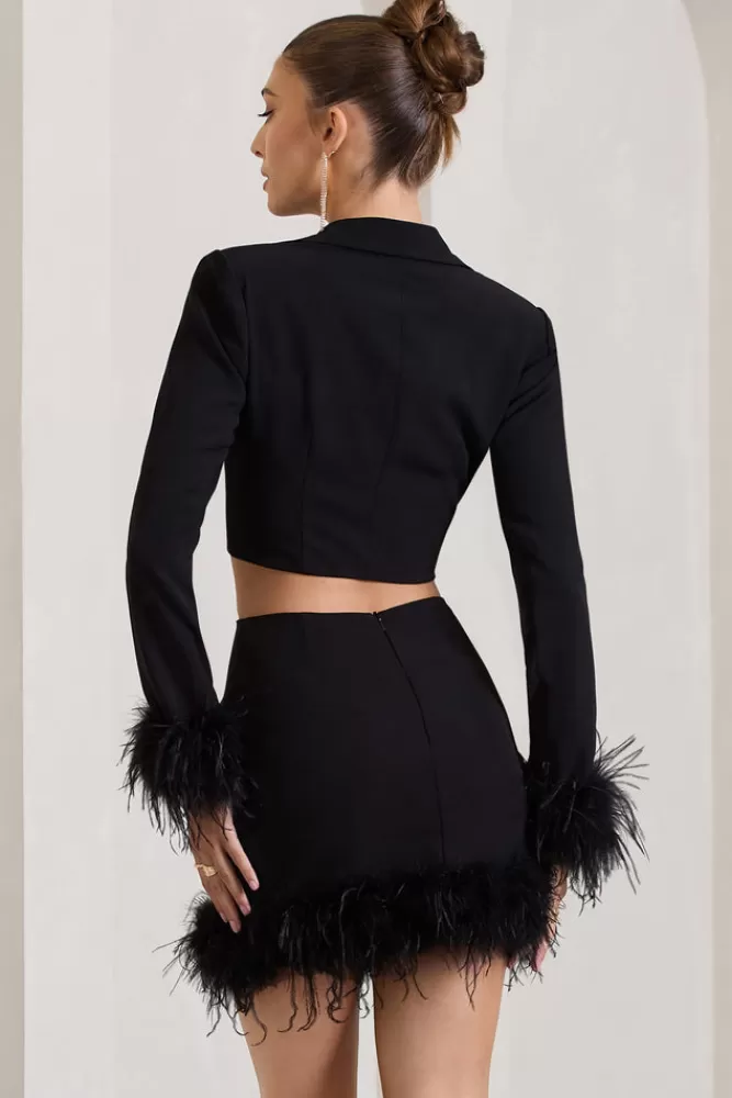 Club L London Tempting | Cropped Blazer With Feather Trim Black Discount