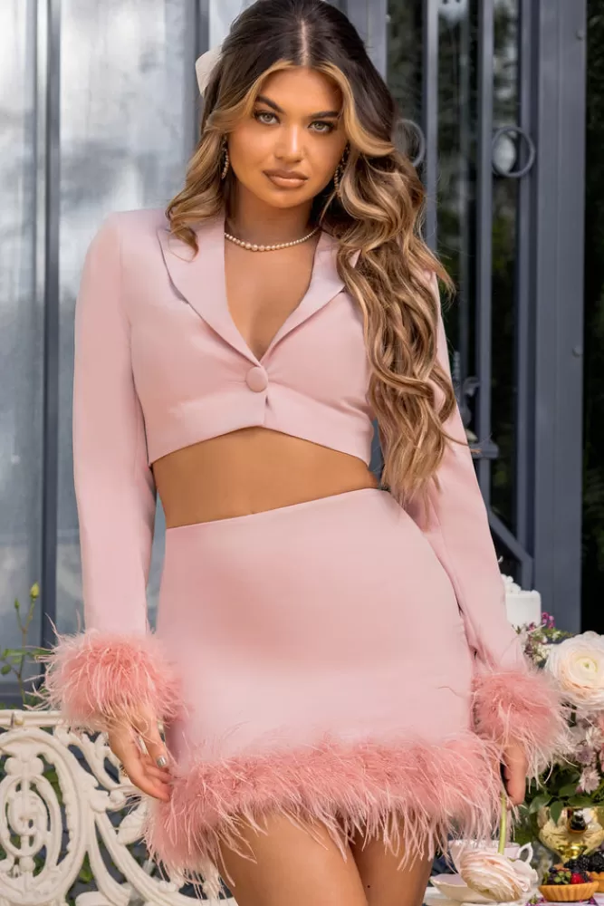 Club L London Tempting | Pink Cropped Blazer With Feather Trim On Sleeve Cuff Nude Fashion