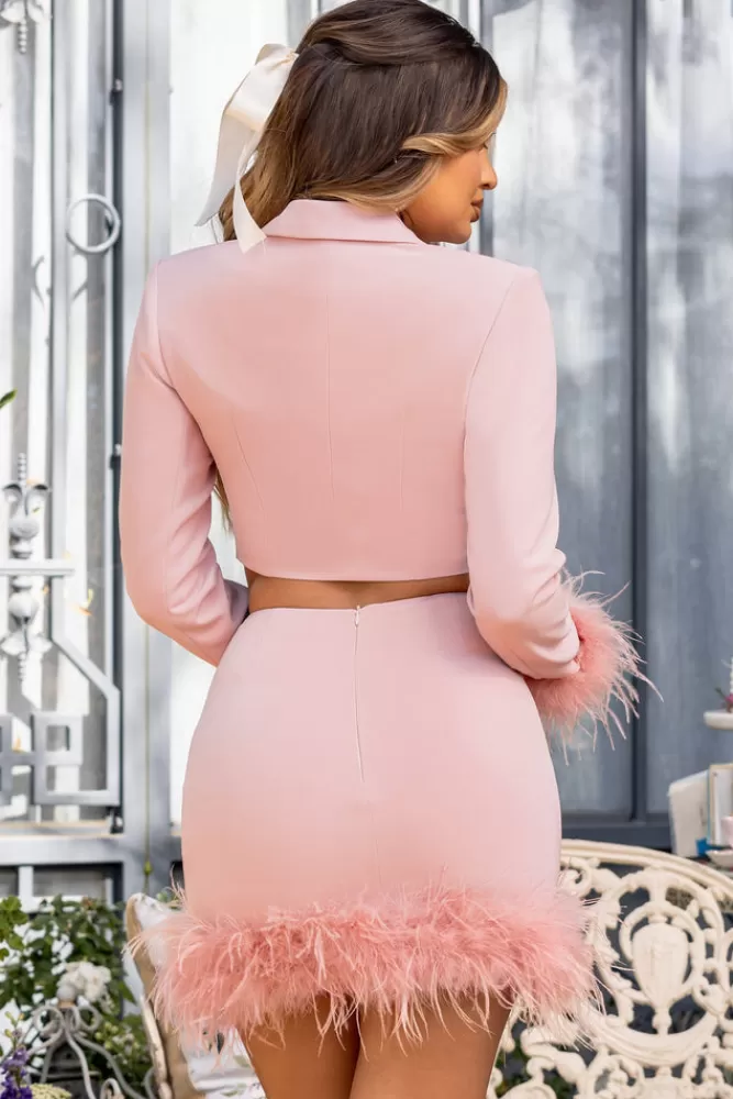 Club L London Tempting | Pink Cropped Blazer With Feather Trim On Sleeve Cuff Nude Fashion
