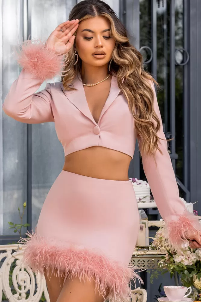 Club L London Tempting | Pink Cropped Blazer With Feather Trim On Sleeve Cuff Nude Fashion