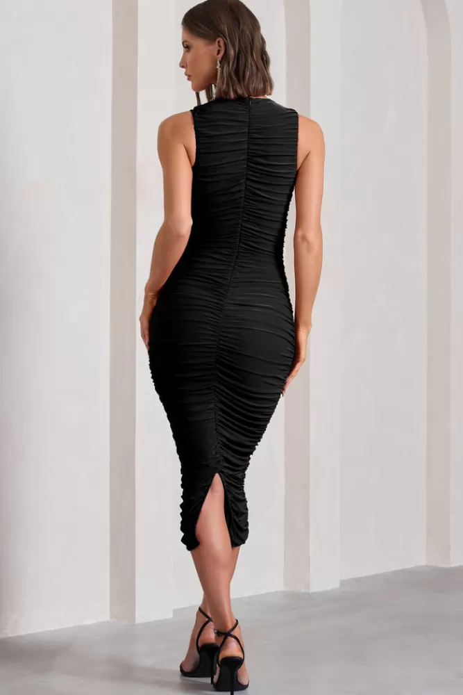 Club L London Tempting Fate | Ruched Bodycon V-Neck Maxi Dress BLACK Store