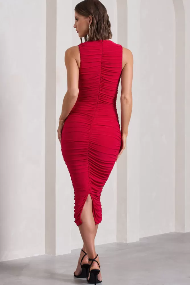 Club L London Tempting Fate | Ruched Bodycon V-Neck Maxi Dress RED Cheap