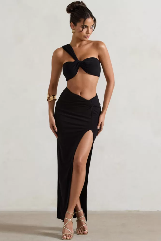 Club L London Tender Kiss | High Waist Thigh Split Maxi Skirt Black New