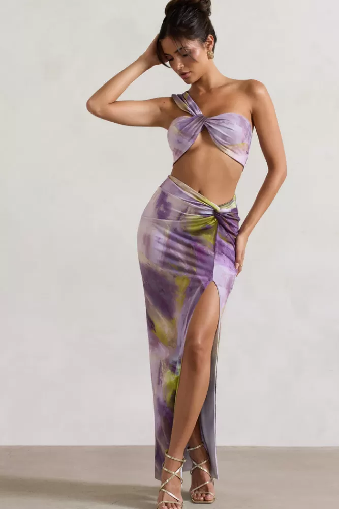 Club L London Tender Kiss | Lilac Print Knot Split Maxi Skirt ABSTRACTPRINT Shop