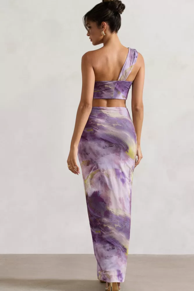 Club L London Tender Kiss | Lilac Print Knot Split Maxi Skirt ABSTRACTPRINT Shop