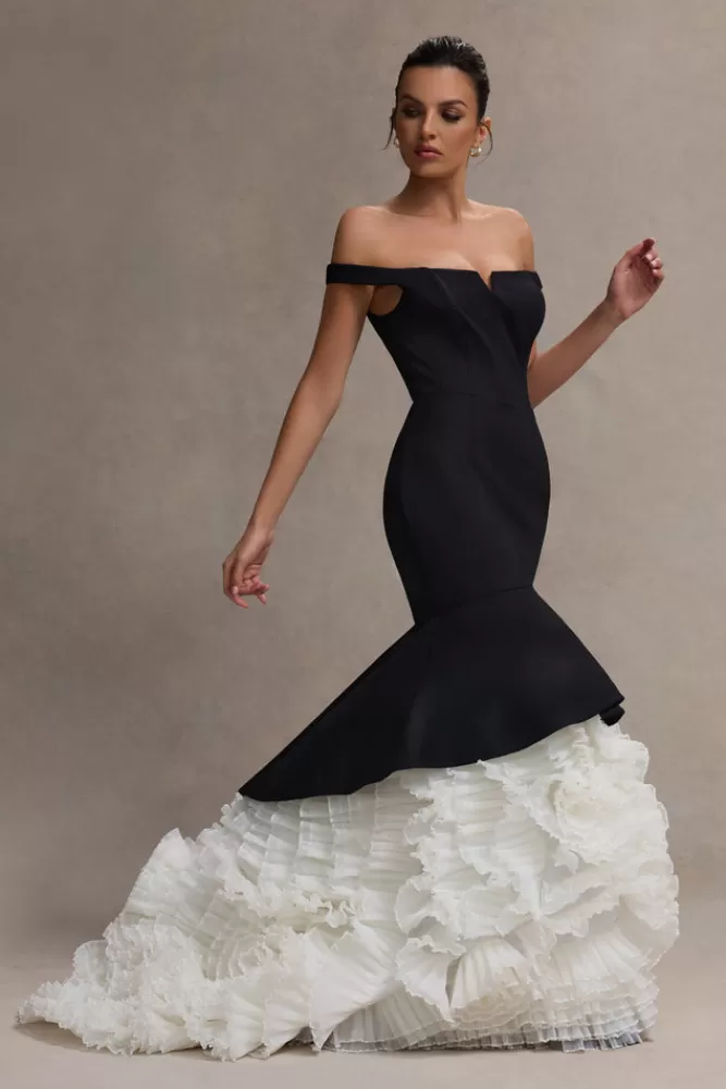 Club L London The Greatest | Black u0026 Cream Bardot Maxi Dress With Tulle Skirt BLACKANDCREAM Discount