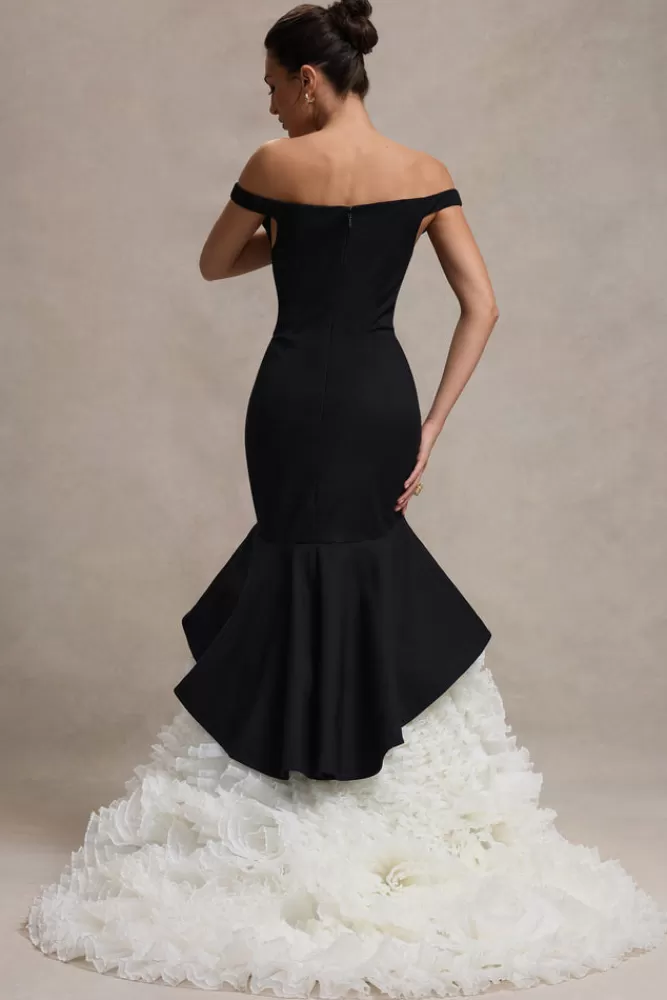 Club L London The Greatest | Black u0026 Cream Bardot Maxi Dress With Tulle Skirt BLACKANDCREAM Discount