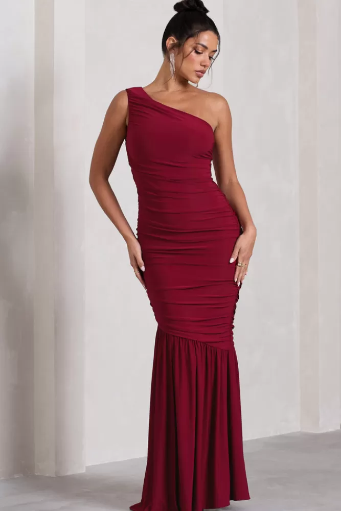 Club L London The Limelight | One Shoulder Ruched Fishtail Maxi Dress BERRY Hot