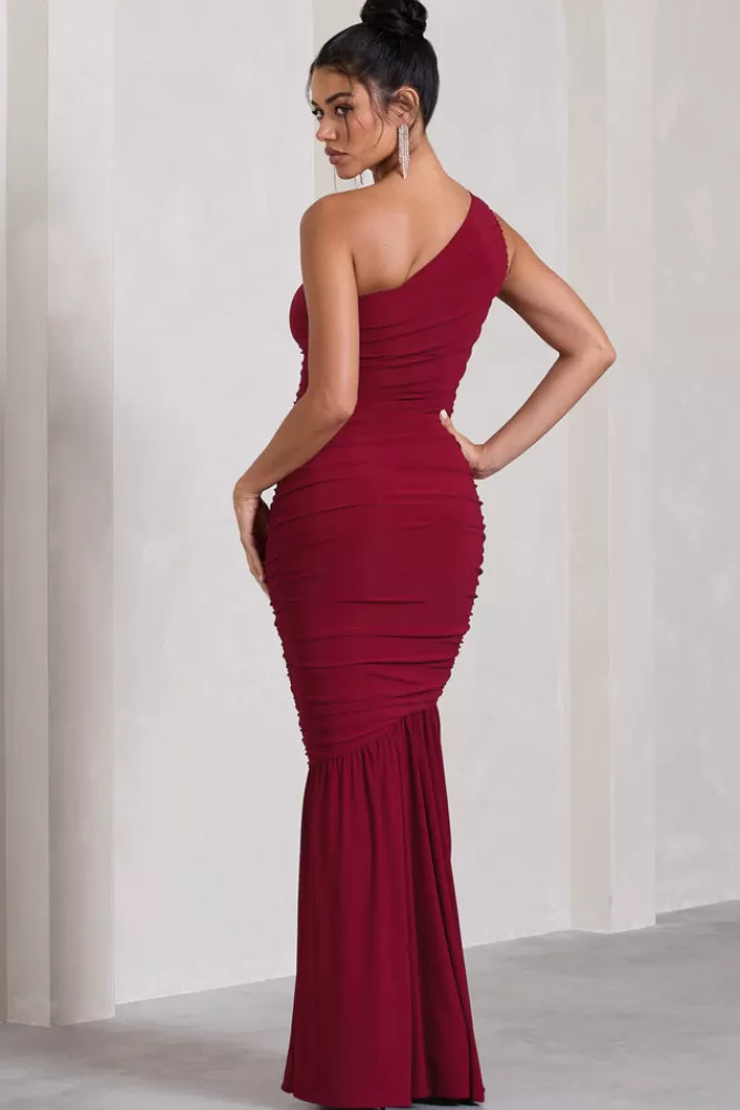 Club L London The Limelight | One Shoulder Ruched Fishtail Maxi Dress BERRY Hot