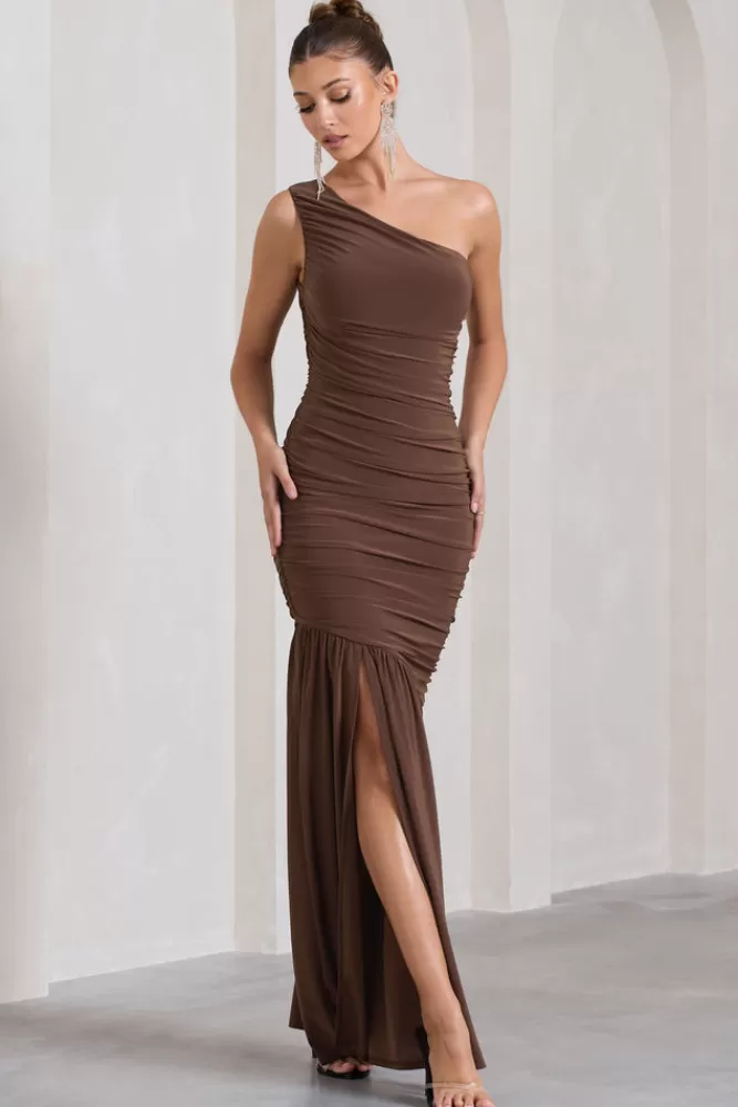 Club L London The Limelight | Chocolate One Shoulder Ruched Fishtail Maxi Dress DECADENTCHOCOLATE Flash Sale