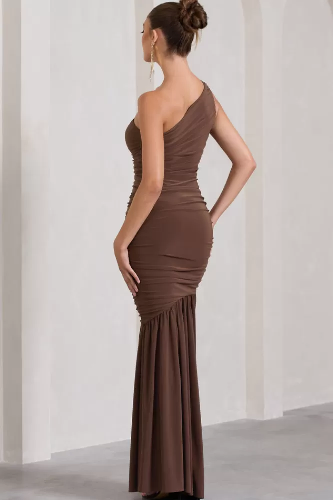 Club L London The Limelight | Chocolate One Shoulder Ruched Fishtail Maxi Dress DECADENTCHOCOLATE Flash Sale