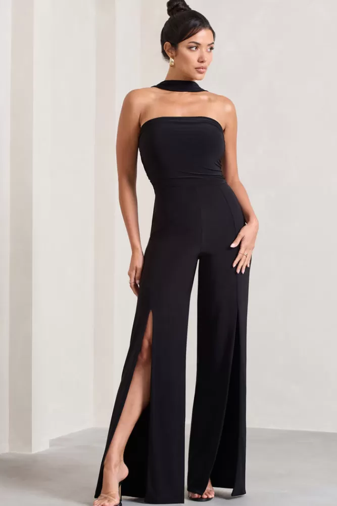 Club L London The Next Naomi | Halter-Neck Bandeau Split-Leg Jumpsuit BLACK Best Sale