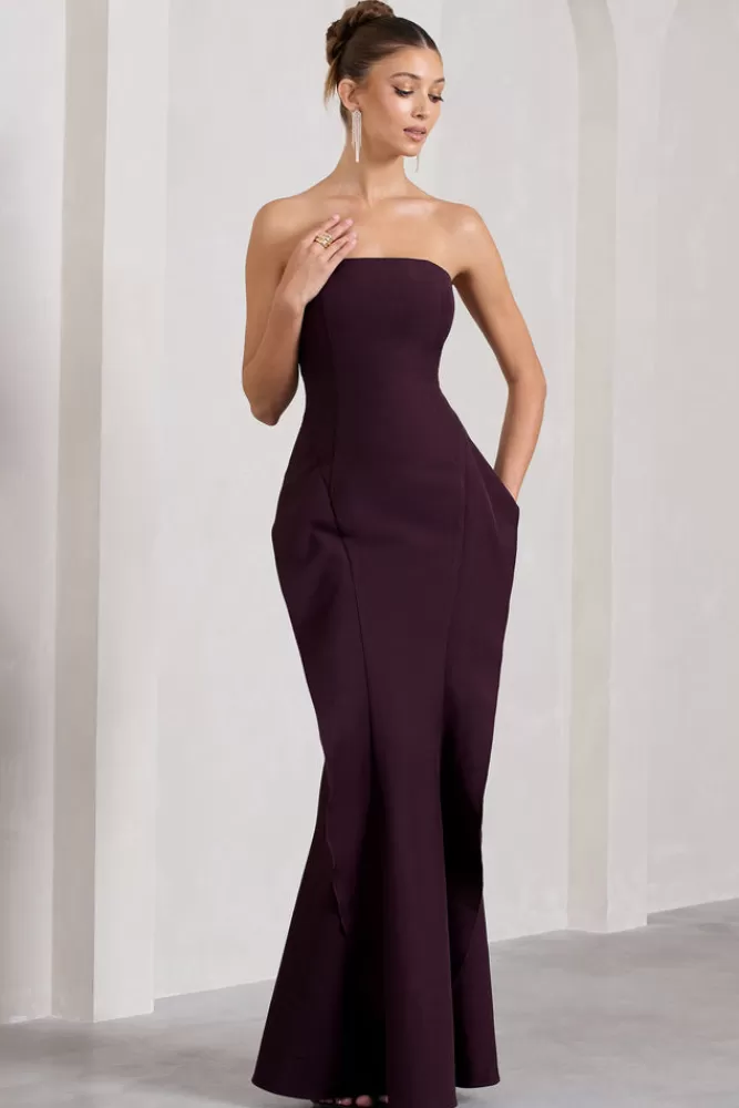 Club L London The Real Thing | Strapless Draped Fishtail Maxi Dress PLUM Outlet