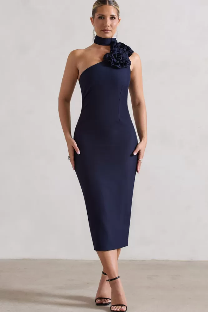 Club L London The Soiree | Bodycon Midi Dress With Ruffled Choker NAVY Outlet